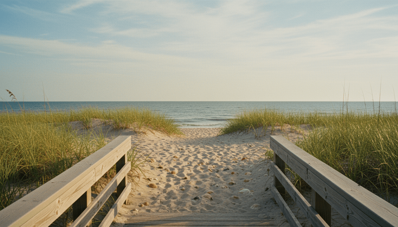 Dune path to the ocean with wild grass and seashells