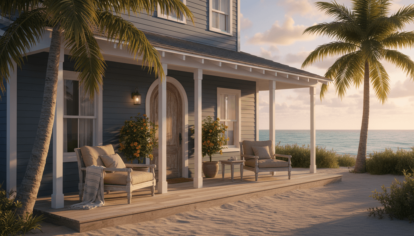Exterior of a beach house rental in Folly Beach at sunset